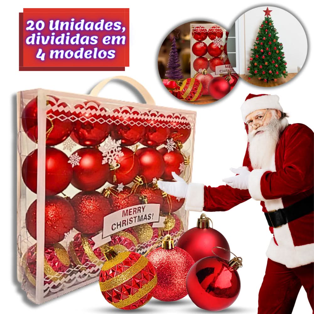 Conjunto de 20 Bolas de Natal Grandes 6cm Decoradas em Fosco com Glitter