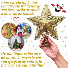 Estrela Metalizada de 24cm com Glitter para Árvore de Natal