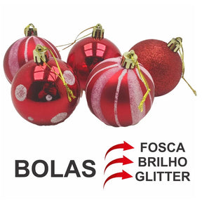 Conjunto de 30 Bolas de Natal Decorativas em Glitter Vermelho