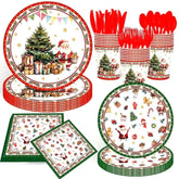 Conjunto de Utensílios para Festa de Natal - 140 Peças de Pratos, Copos e Talheres Descartáveis
