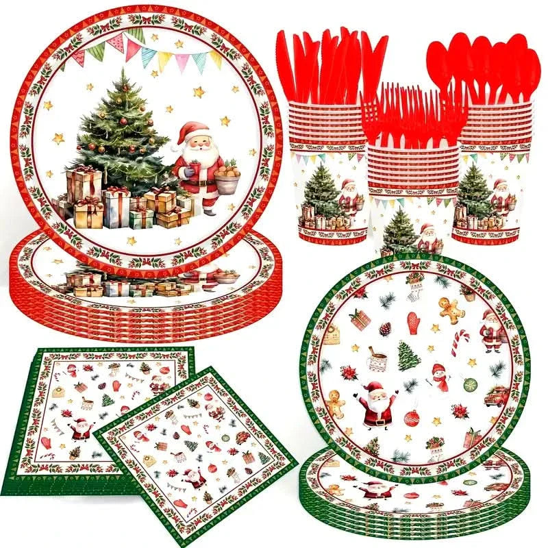 Conjunto de Utensílios para Festa de Natal - 140 Peças de Pratos, Copos e Talheres Descartáveis