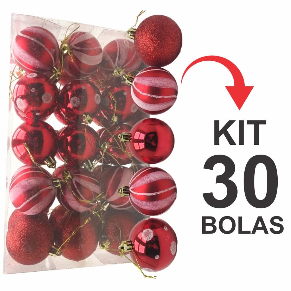 Conjunto de 30 Bolas de Natal Decorativas em Glitter Vermelho