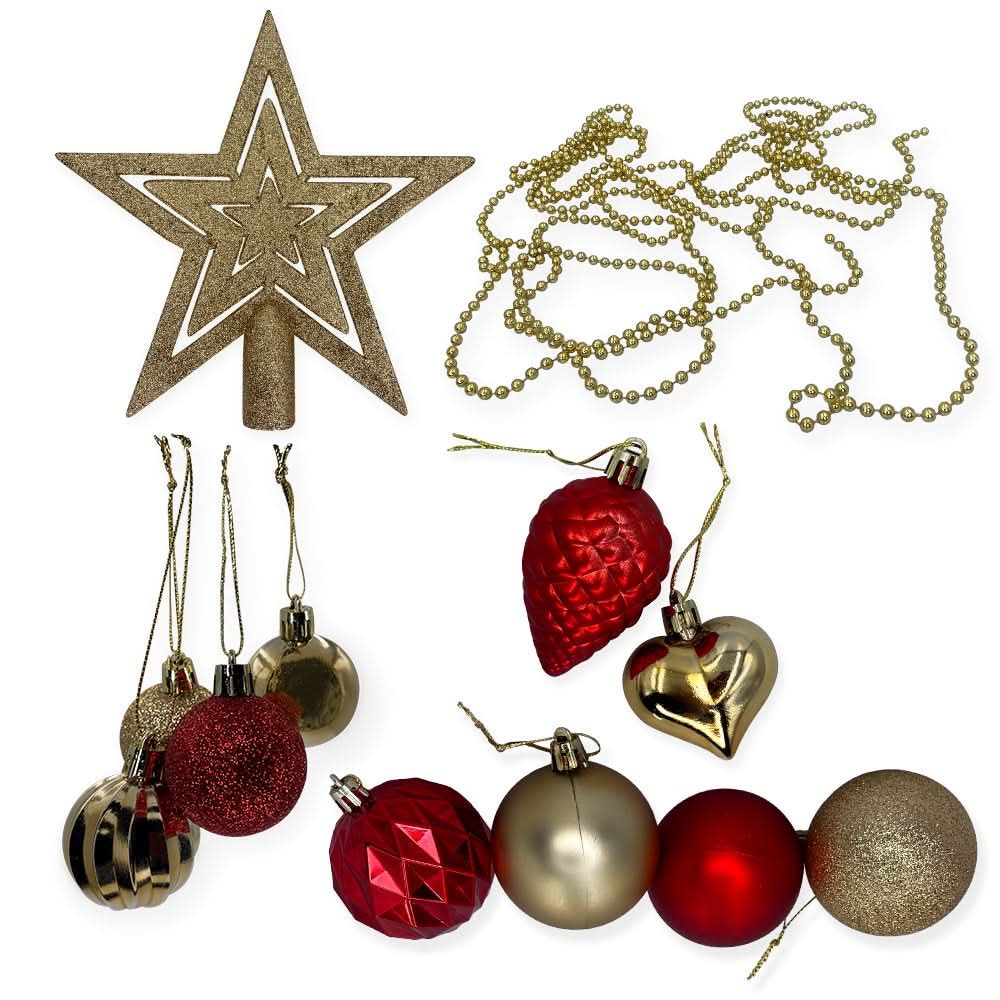 Conjunto de Enfeites de Natal: Bolas e Estrelas Douradas e Vermelhas - Completo