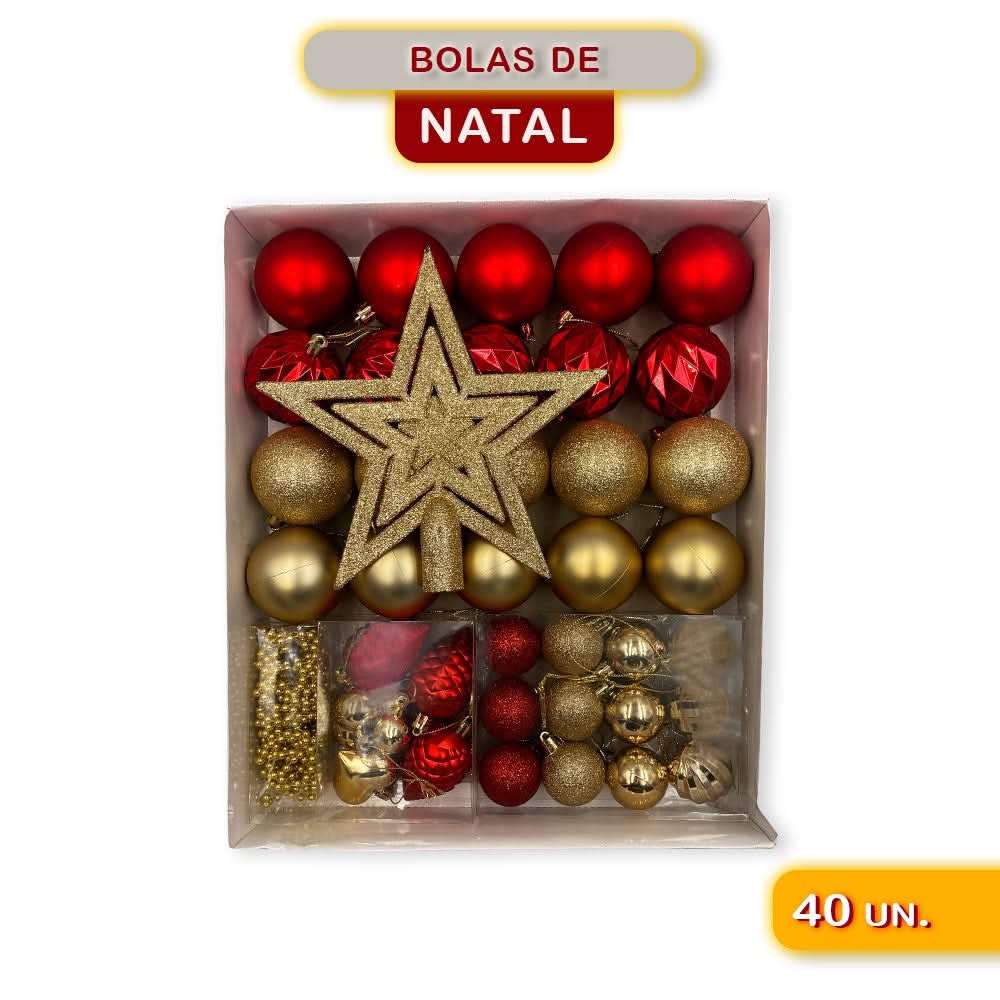 Conjunto de Enfeites de Natal: Bolas e Estrelas Douradas e Vermelhas - Completo