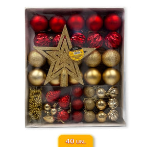 Conjunto de Enfeites de Natal: Bolas e Estrelas Douradas e Vermelhas - Completo