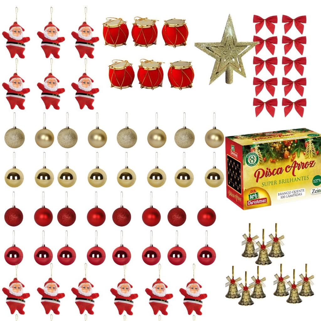 Kit 77 Enfeites para Árvore de Natal com Bolinhas e Luzes de LED